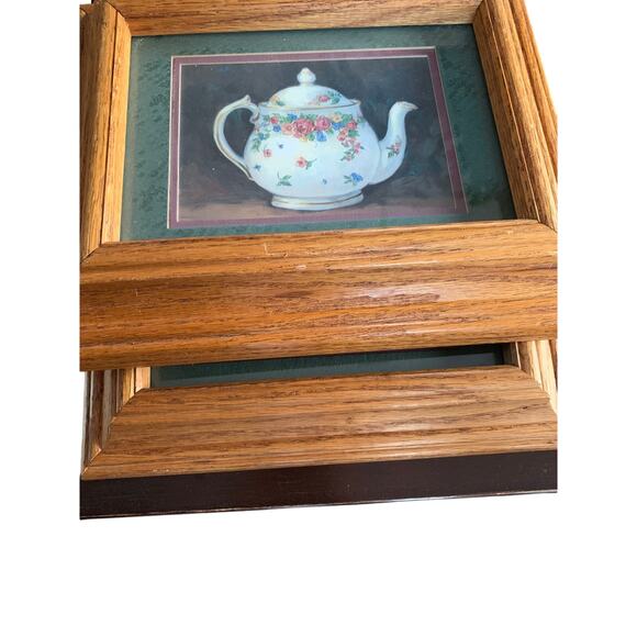 Set of 2 Barbara Mock Teapot Pictures Oak Framed Green Burgundy Double Matted - Picture 6 of 6